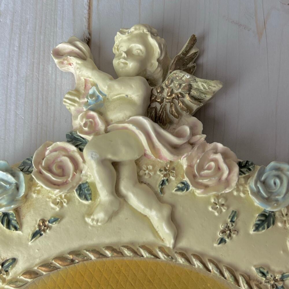 Vintage 90s Cherub Roses Resin Picture Frame Arch Opening Cream w/ Gold Accents - Picture 2 of 8